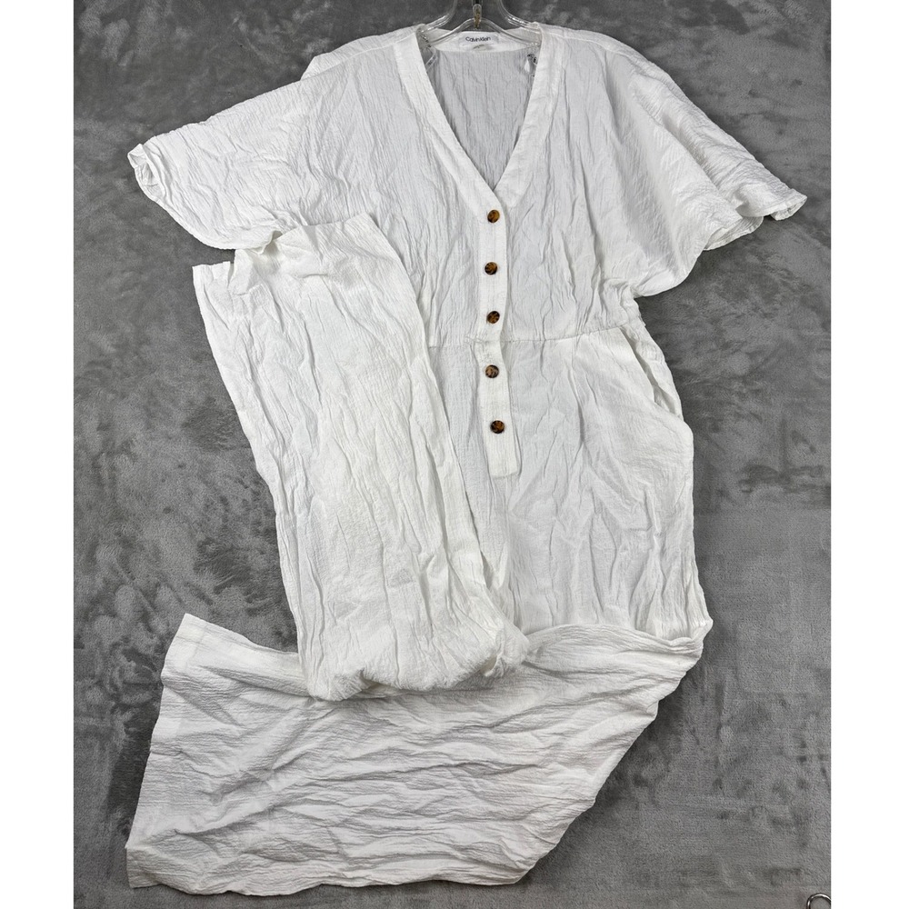 Calvin Klein Womens White Crinkle Textured Wide Leg Button Front Jumpsuit 6